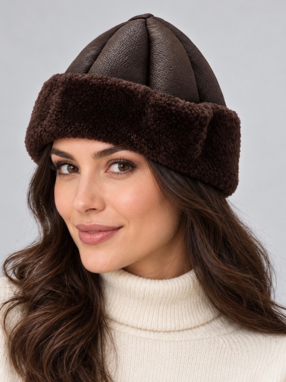 Wolff Brown Leather Shearling Cuffed Winter Hat Size S Made in Canada NWOT